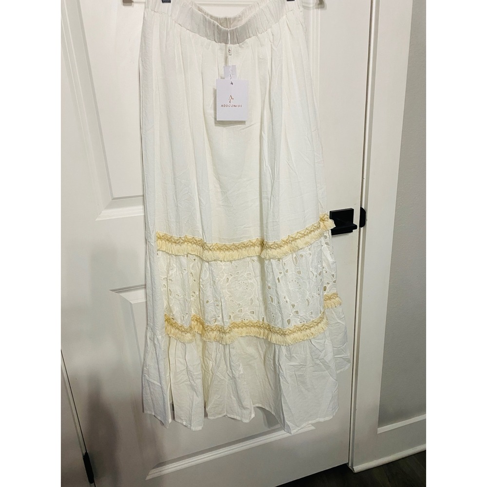 Addconfdt White Cotton Eyelet Fringe Tiered Maxi Skirt Medium NWT